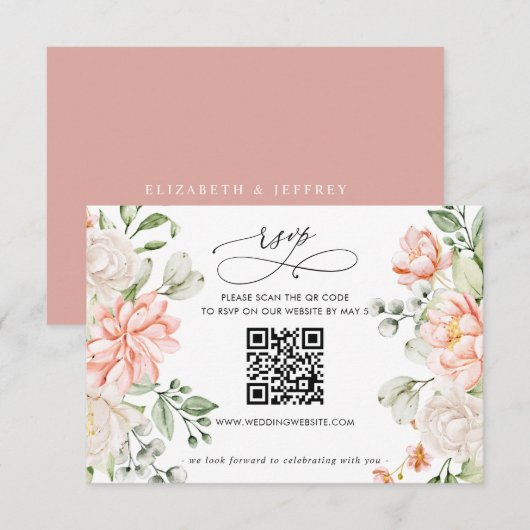 Elegante moderne botanische blozende bloemencode Q RSVP Kaartje (Voorkant / Achterkant)