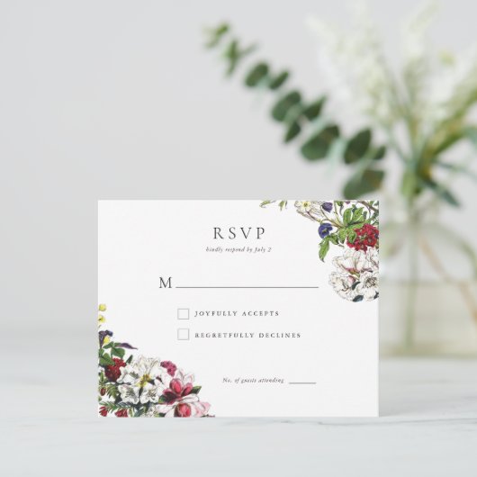 Elegante moderne botanische groen bruiloft antwoor RSVP kaartje (Staand voorkant)