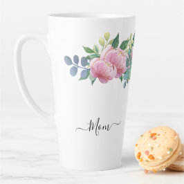 Elegante moderne botanische groene roze bloem latte mok