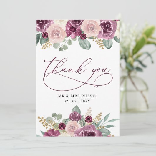 Elegante moderne botanische pruim bloemenbruiloft bedankkaart (Staand voorkant)