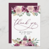 Elegante moderne botanische pruim bloemenbruiloft bedankkaart (Voorkant / Achterkant)