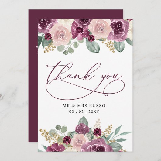 Elegante moderne botanische pruim bloemenbruiloft bedankkaart (Voorkant / Achterkant)