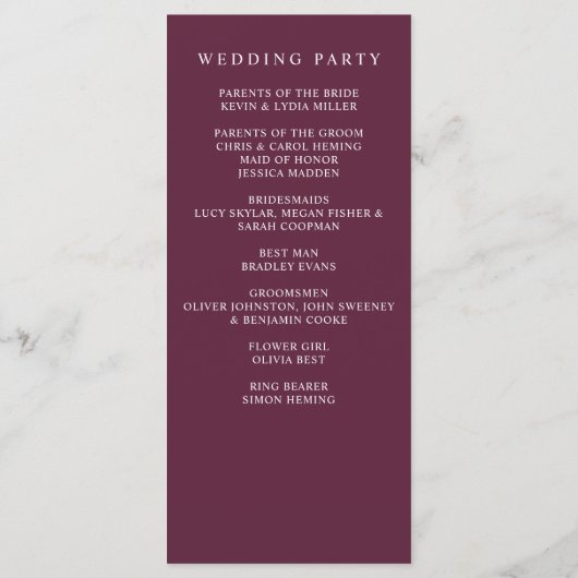 Elegante moderne botanische pruim bloemenbruiloft programmakaart (Achterkant)