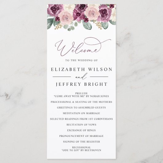 Elegante moderne botanische pruim bloemenbruiloft programmakaart (Voorkant)