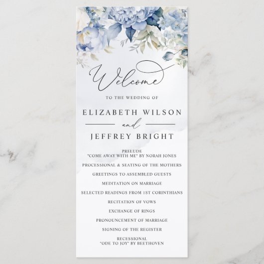 Elegante moderne botanische stoffige blauwe bloeme programmakaart (Voorkant)