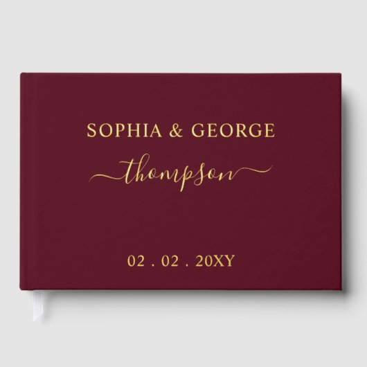 Elegante moderne Bourgogne en gouden bruiloft Gastenboek (Voorkant)
