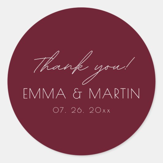 Elegante & moderne Bourgondië Dank je wel Trouwen Ronde Sticker (Voorkant)