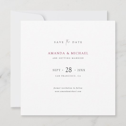 Elegante moderne Bourgondische script bruiloft Save The Date (Achterkant)