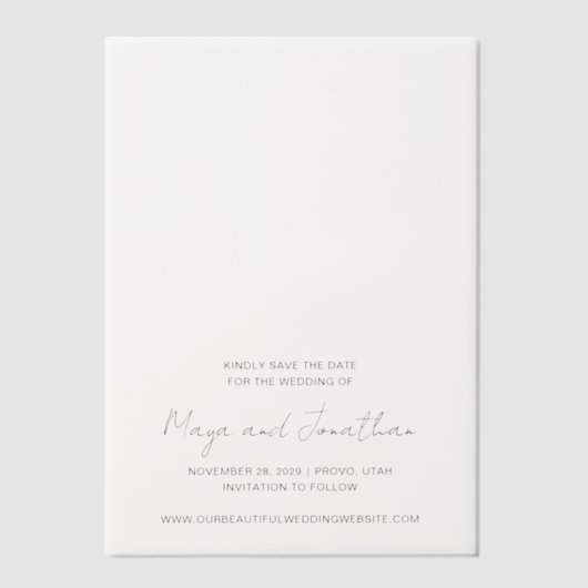 Elegante moderne bruiloft Bewaar de datum Vellum Uitnodigingen (Voorkant)