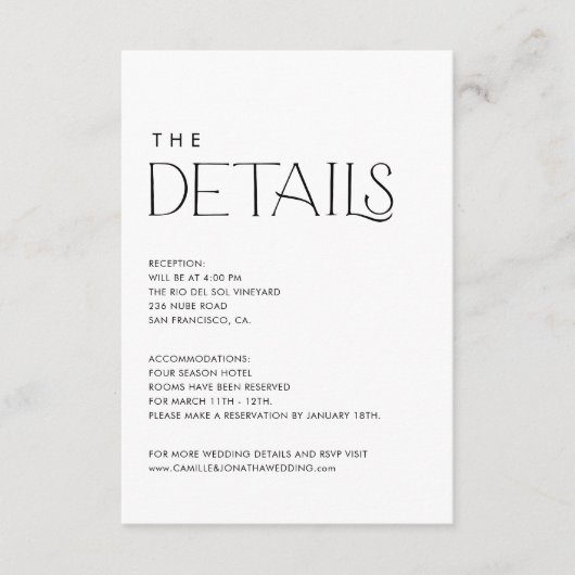 Elegante moderne bruiloft details informatiekaartje (Voorkant)