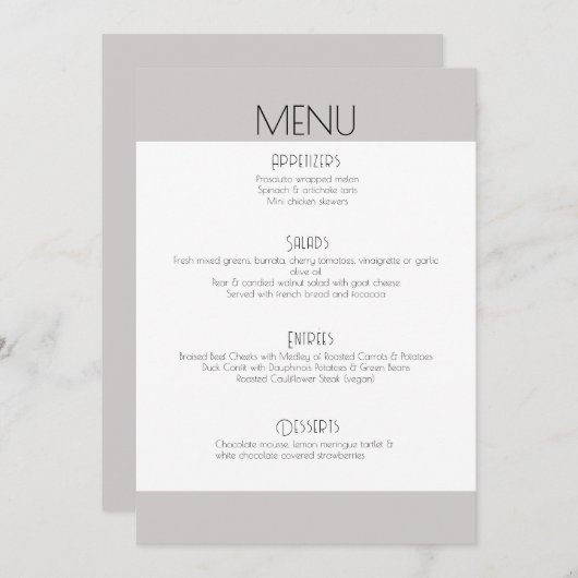 Elegante moderne bruiloft klassieke script menukaa menu (Voorkant / Achterkant)