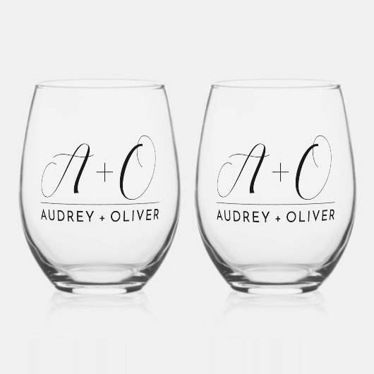 Elegante moderne bruiloft monogram wijnglas zonder voet (Voorkant)