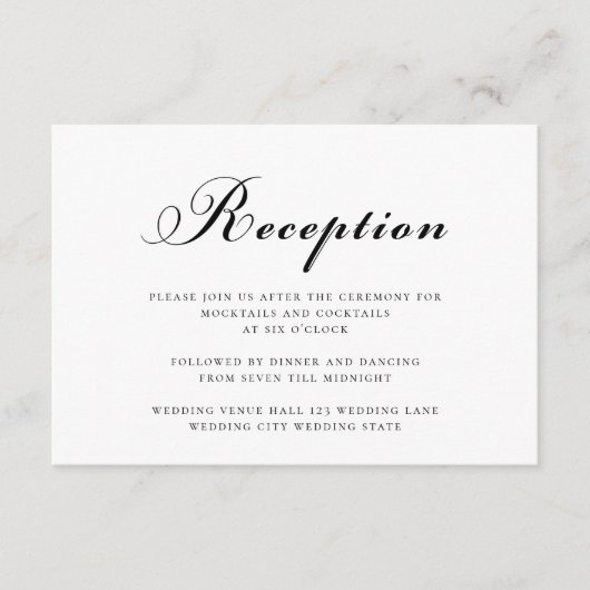 Elegante moderne bruiloft receptie zwart-wit informatiekaartje (Voorkant)