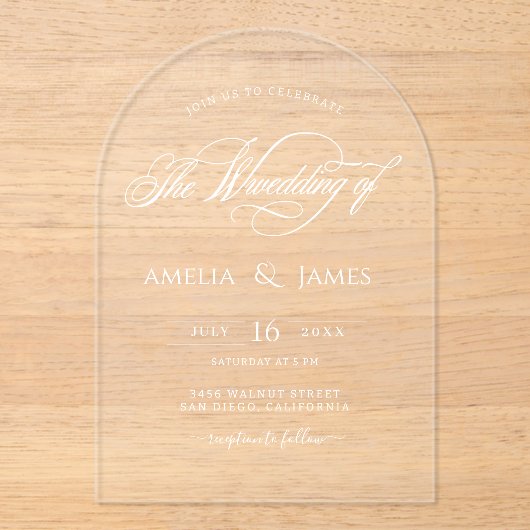 Elegante moderne bruiloft transparant script ontwe acryl uitnodigingen (Voorkant)