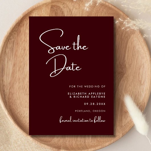 Elegante & Moderne Burgundy Bruiloft Save The Date