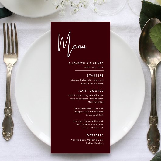 Elegante & Moderne Burgundy Huwelijksmenu Menu
