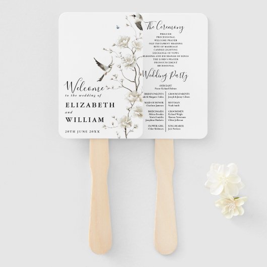 Elegante moderne Chinoiserie Floral bruiloft progr Handwaaier (Voorkant en achterkant)