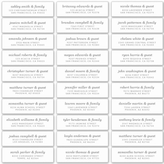 Elegante Moderne Chique Bruiloft Gast Namen Adres Sticker (Voorkant)