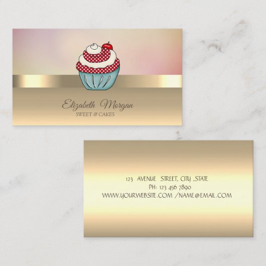 Elegante moderne chique gouden cupcake kersen visitekaartje (Voorkant / Achterkant)