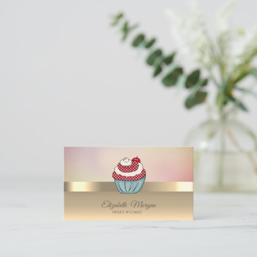 Elegante moderne chique gouden cupcake kersen visitekaartje (Staand voorkant)