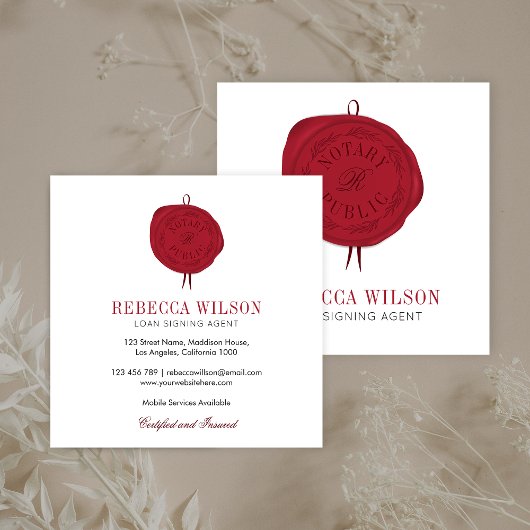 Elegante moderne chique rode wax stempel handteken vierkante visitekaartje