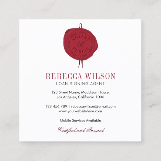Elegante moderne chique rode wax stempel handteken vierkante visitekaartje (Achterkant)