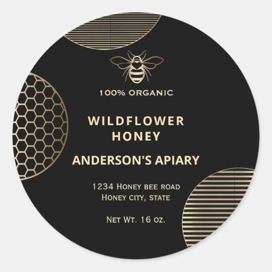 Elegante moderne cirkels gouden honingbij honing ronde sticker (Voorkant)
