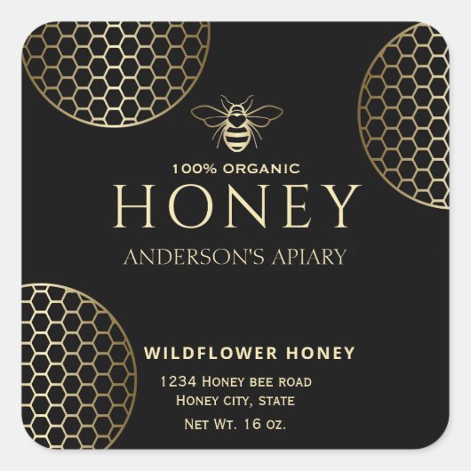 Elegante moderne cirkels gouden honingraat bij vierkante sticker (Voorkant)
