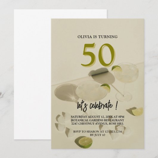Elegante moderne cocktail 50e verjaardag uitnodigi kaart (Voorkant / Achterkant)