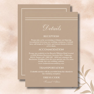 Elegante moderne crème taupe bruiloft details informatiekaartje
