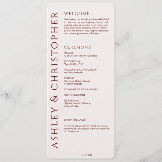 Elegante moderne Crimson rode bruiloft Programmakaart (Voorkant)