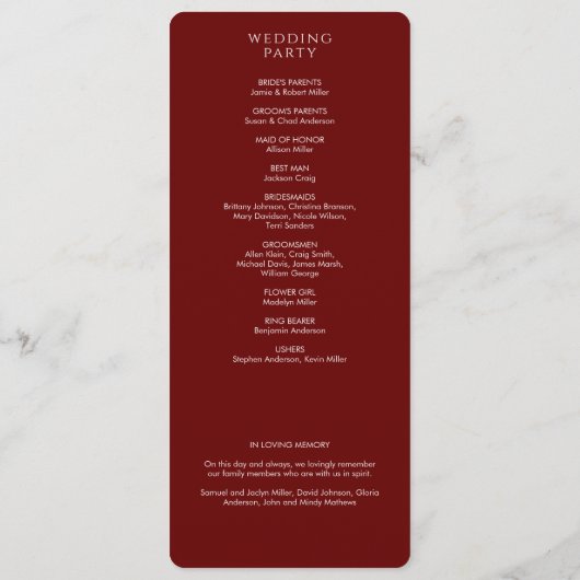 Elegante moderne Crimson rode bruiloft Programmakaart (Achterkant)