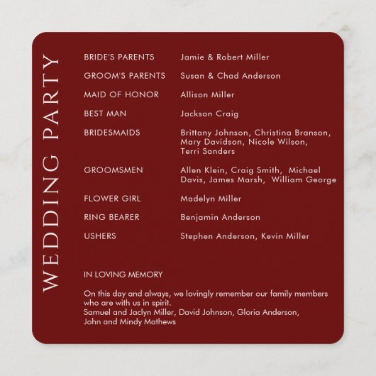 Elegante moderne Crimson rode bruiloft Programmakaart (Achterkant)