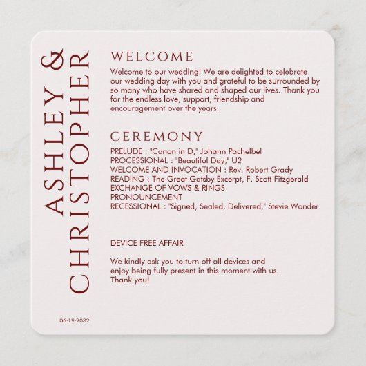 Elegante moderne Crimson rode bruiloft Programmakaart (Voorkant)