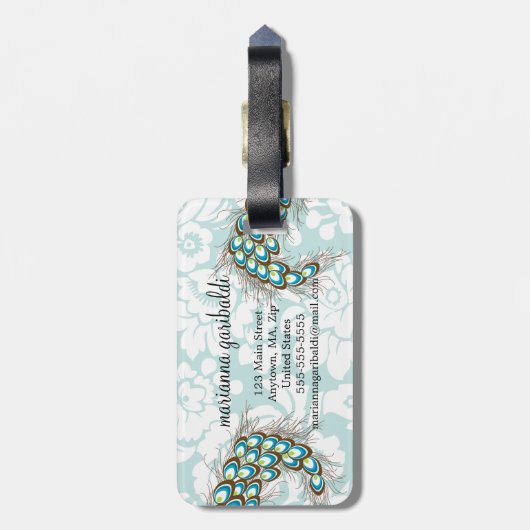 Elegante moderne Damask Peacock gepersonaliseerd Bagagelabel (Achterkant verticaal)