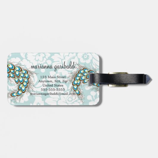 Elegante moderne Damask Peacock gepersonaliseerd Bagagelabel (Achterkant horizontaal)