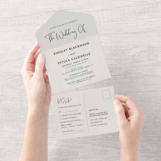 Elegante & moderne Dark sage groene bruiloft All In One Uitnodiging (Afscheurbaar)