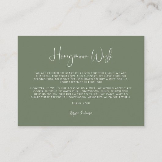 Elegante & moderne Dark sage groene Honeymoon wens Informatiekaartje (Voorkant)