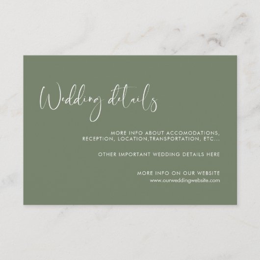 Elegante & moderne Dark sage trouwdetails kaart (Voorkant)