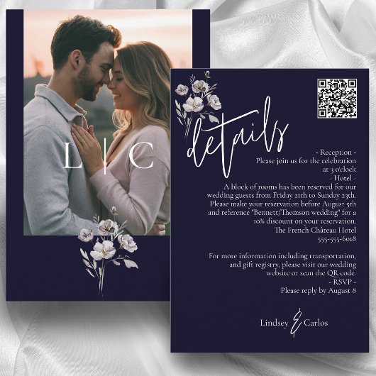 Elegante moderne donkere marine bruiloft details Q Informatiekaartje