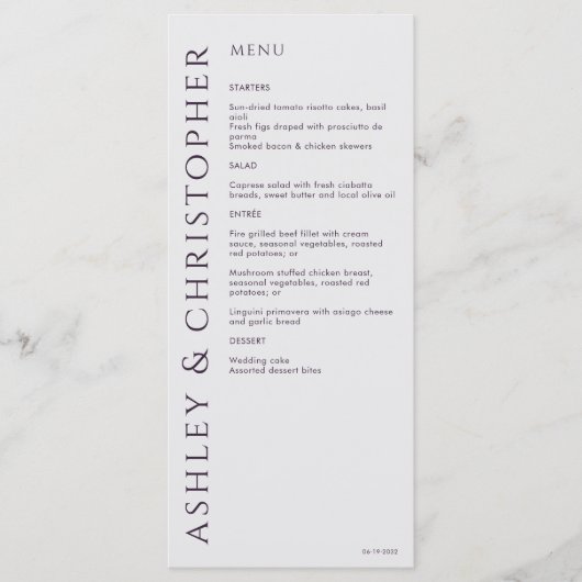 Elegante moderne donkere Paarse bruiloft Menu (Voorkant)