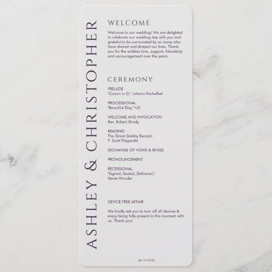 Elegante moderne donkere Paarse bruiloft Programmakaart (Voorkant)