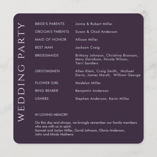 Elegante moderne donkere Paarse bruiloft Programmakaart (Achterkant)