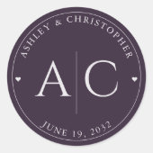 Elegante moderne donkere Paarse bruiloft Ronde Sticker (Voorkant)