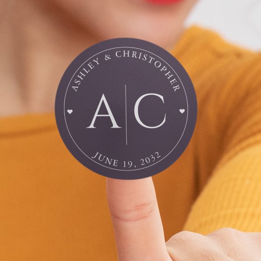 Elegante moderne donkere Paarse bruiloft Ronde Sticker