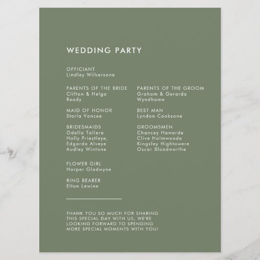 Elegante & moderne donkere salie groene bruiloft programmakaart (Achterkant)