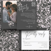 Elegante moderne donkergrijze trouwdetails QR-code Informatiekaartje