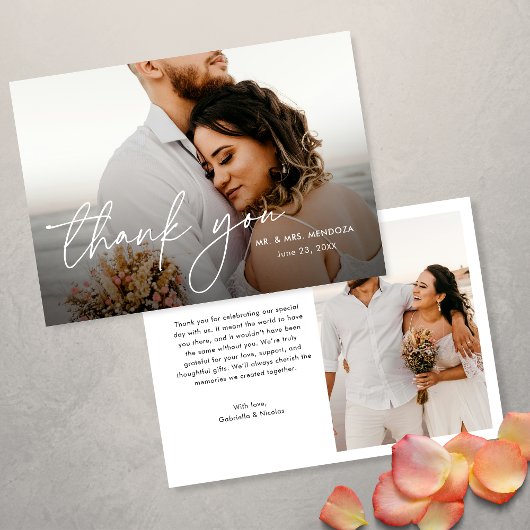 Elegante moderne eenvoudige 2 foto's bruiloft bedankkaart
