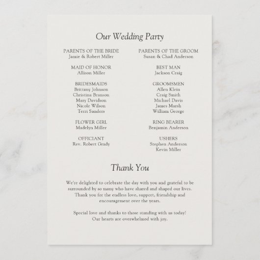 Elegante moderne eenvoudige elementen bruiloft programmakaart (Achterkant)