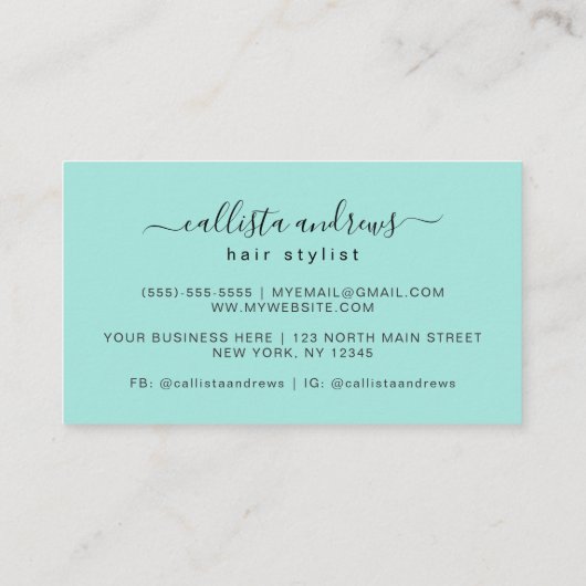 Elegante Moderne Eenvoudige Mint Typografie Haarst Visitekaartje (Achterkant)